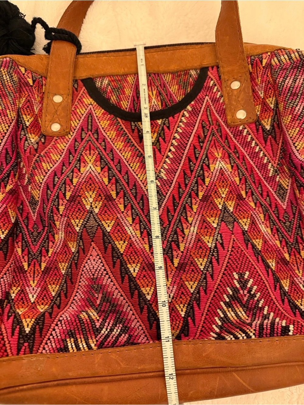 Handwoven Pink Patterned Tote Bag with Leather Trim - Picture 11 of 11
